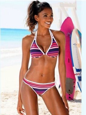 VENUS/Lascana Sunburst Striped Pink & Purple Halter Bikini Set